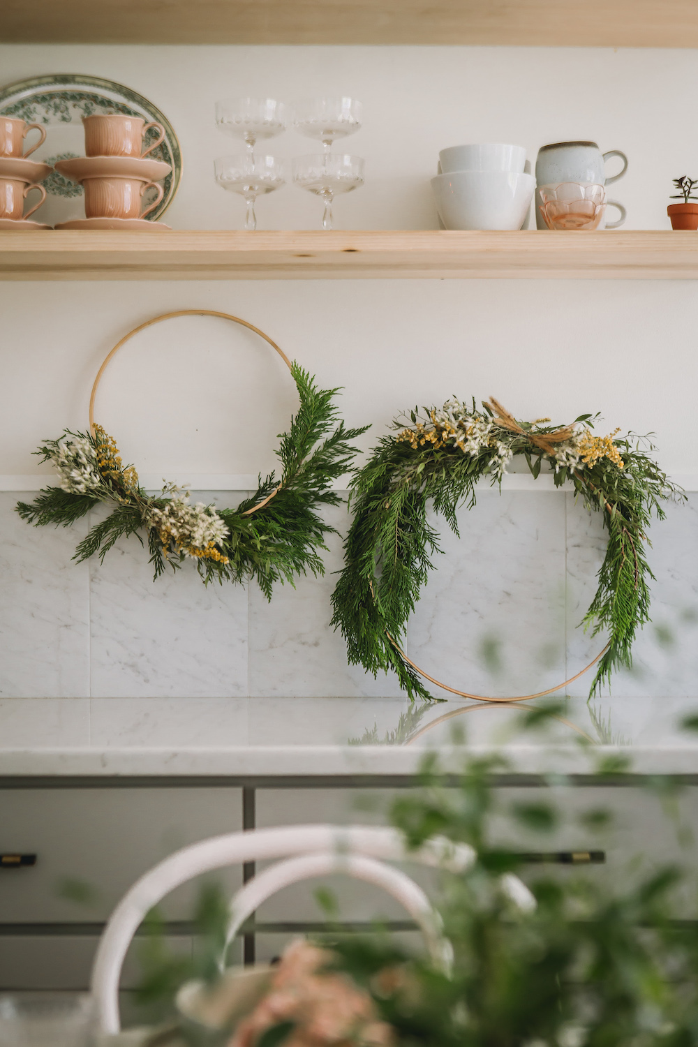 wreaths on kitchne wall