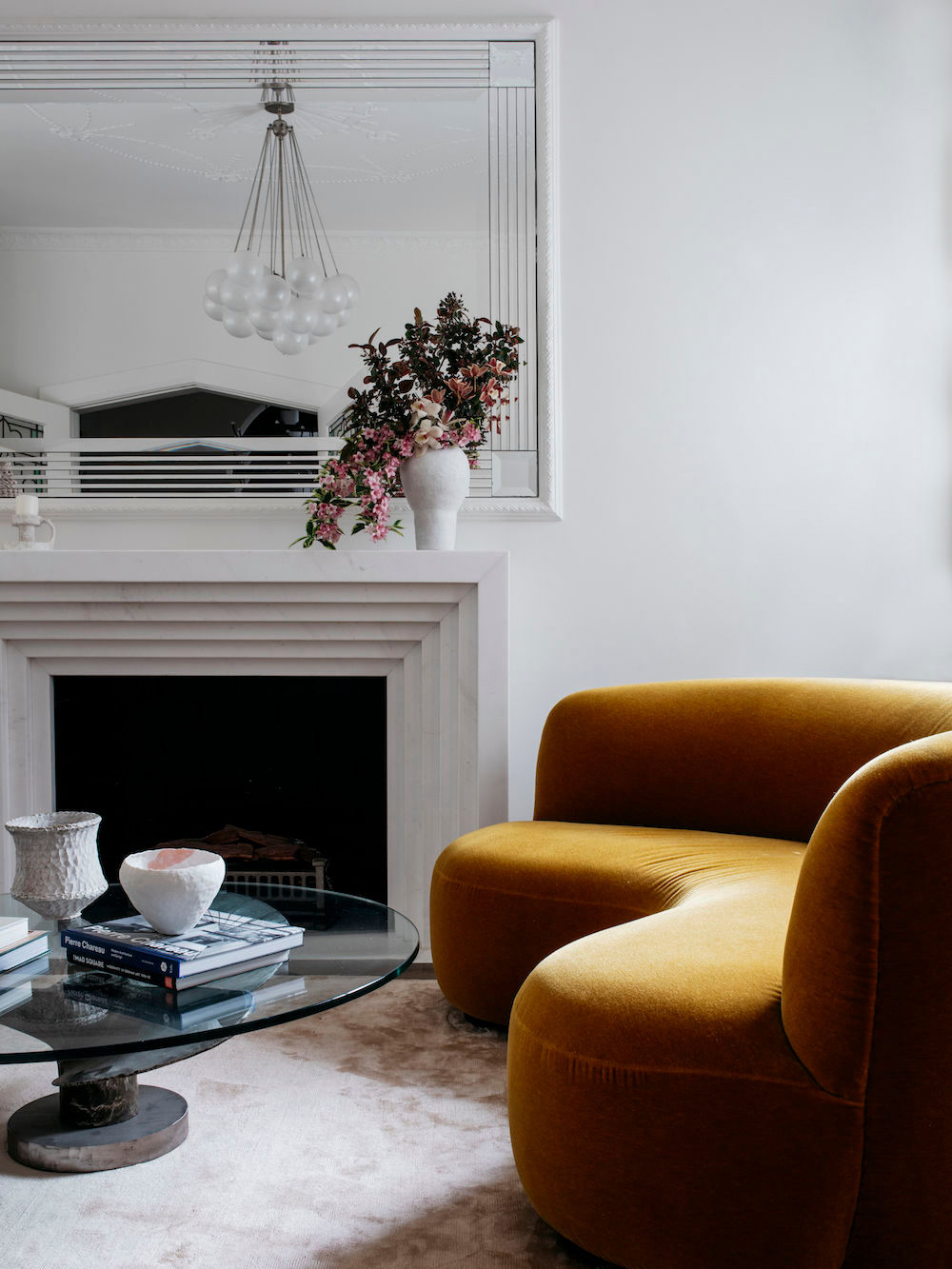 Living room with curved sofa