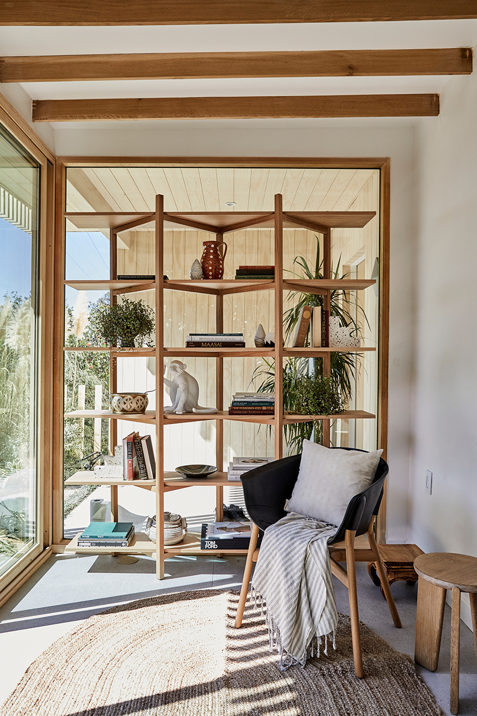 bookshelves in front of window