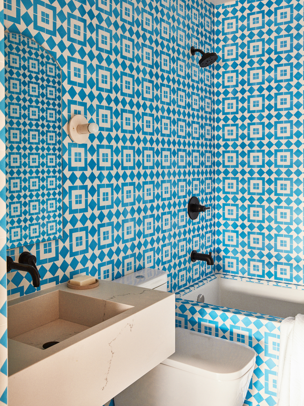 blue moroccan tiled shower