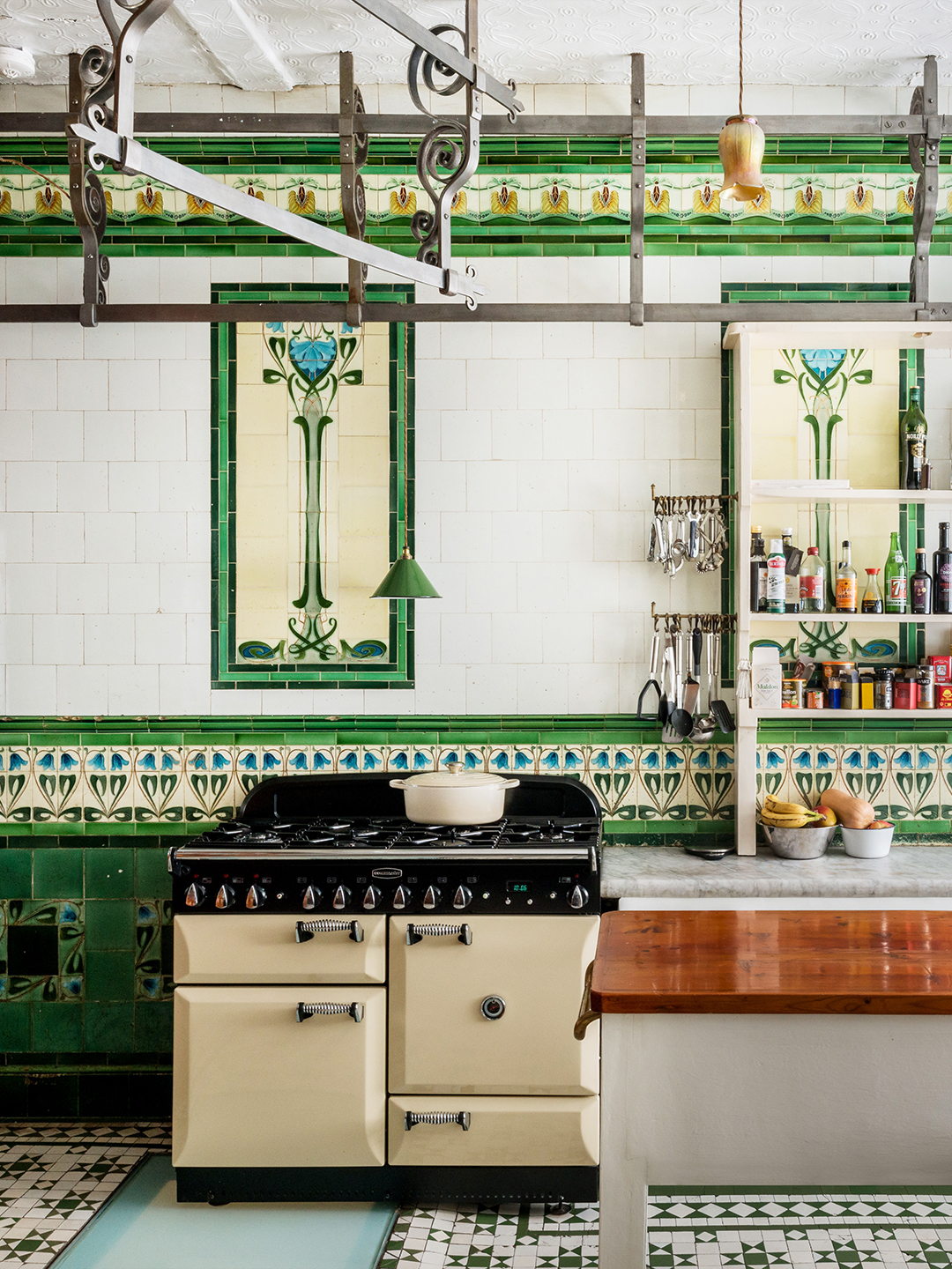 green tiled kitchen