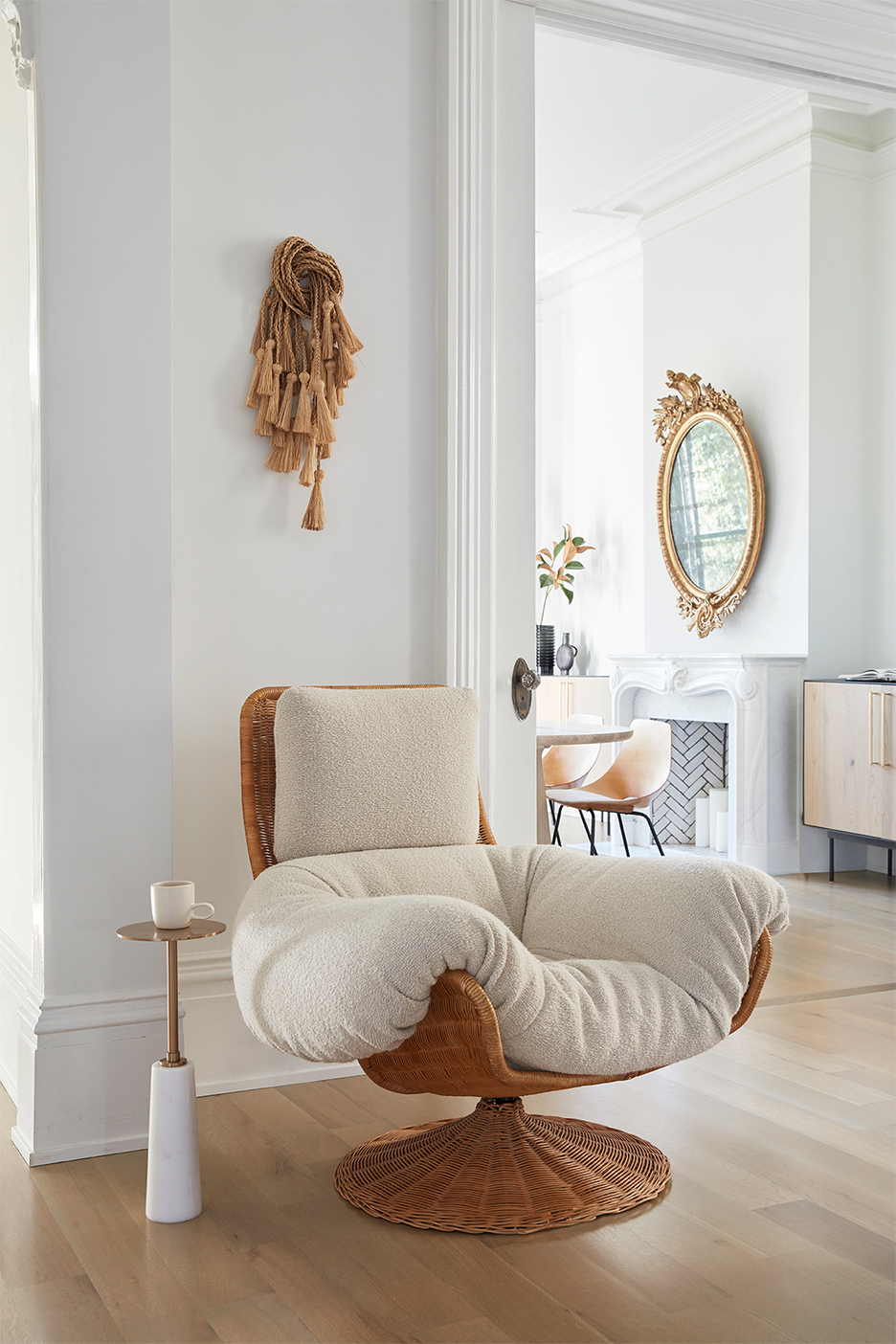 Cozy soft chair in a white living room