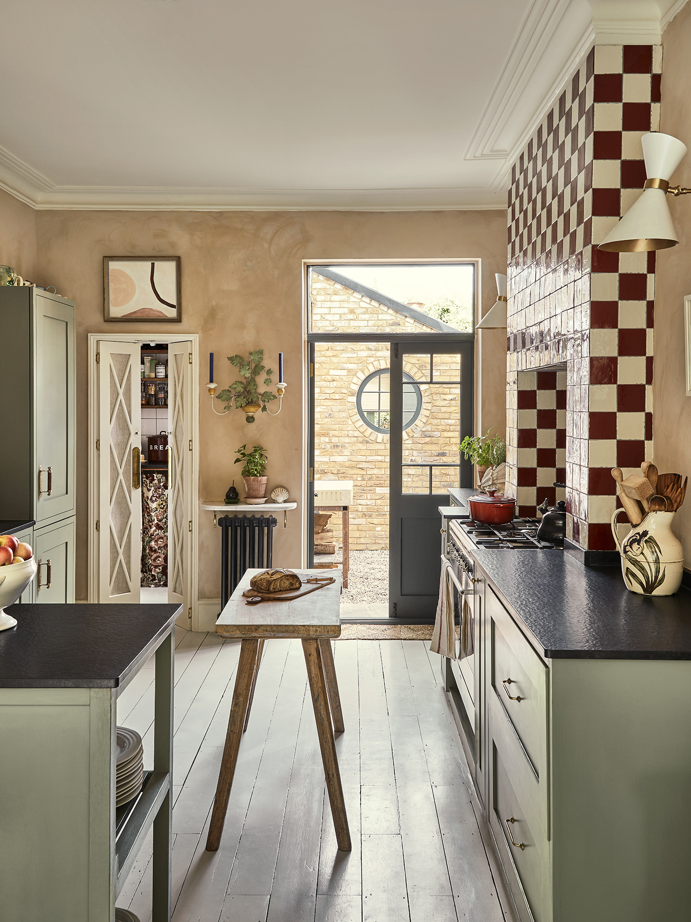 green and pink kitchen