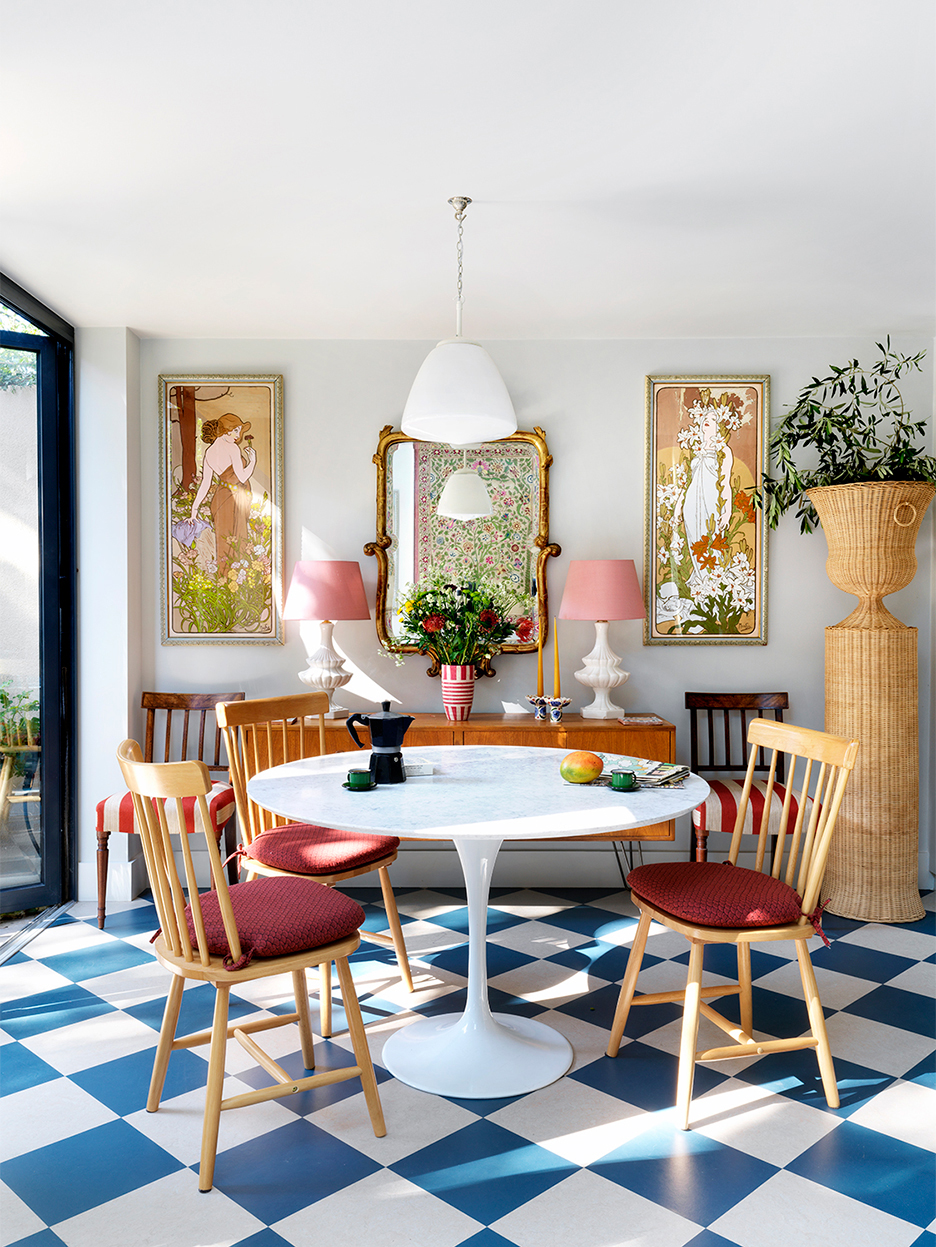 Dining area with checkered floors