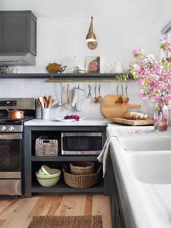 salvaged kitchen with gray cainbets