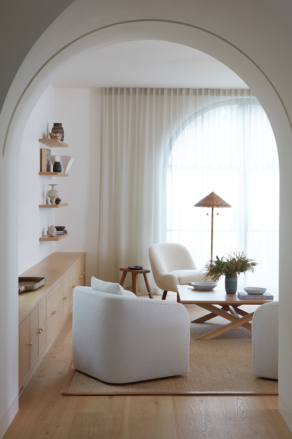 oak shelves in living room