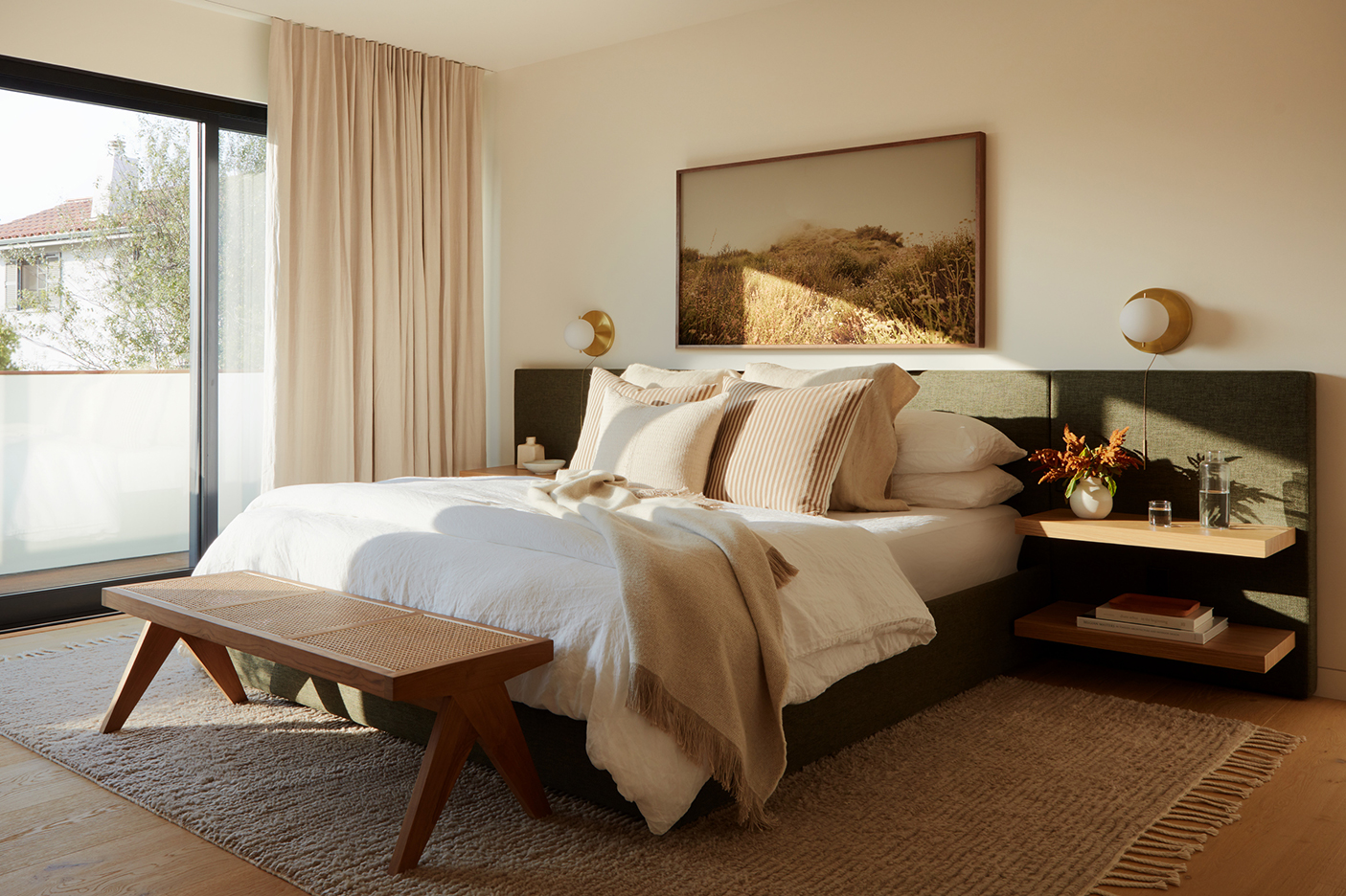 bedroom with green velvet bed frame