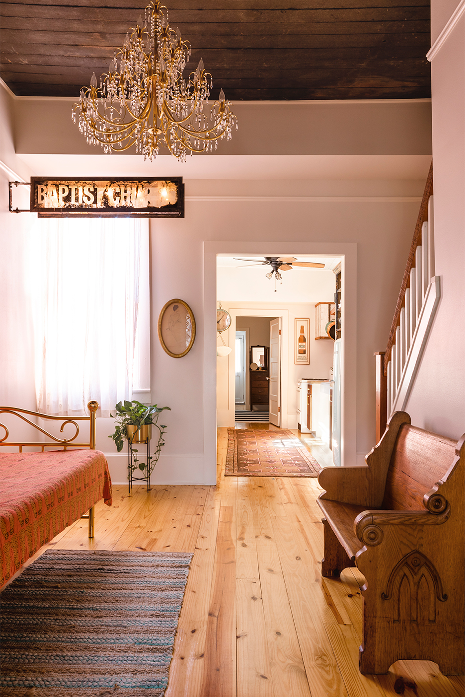 Entryway with vintage church sign