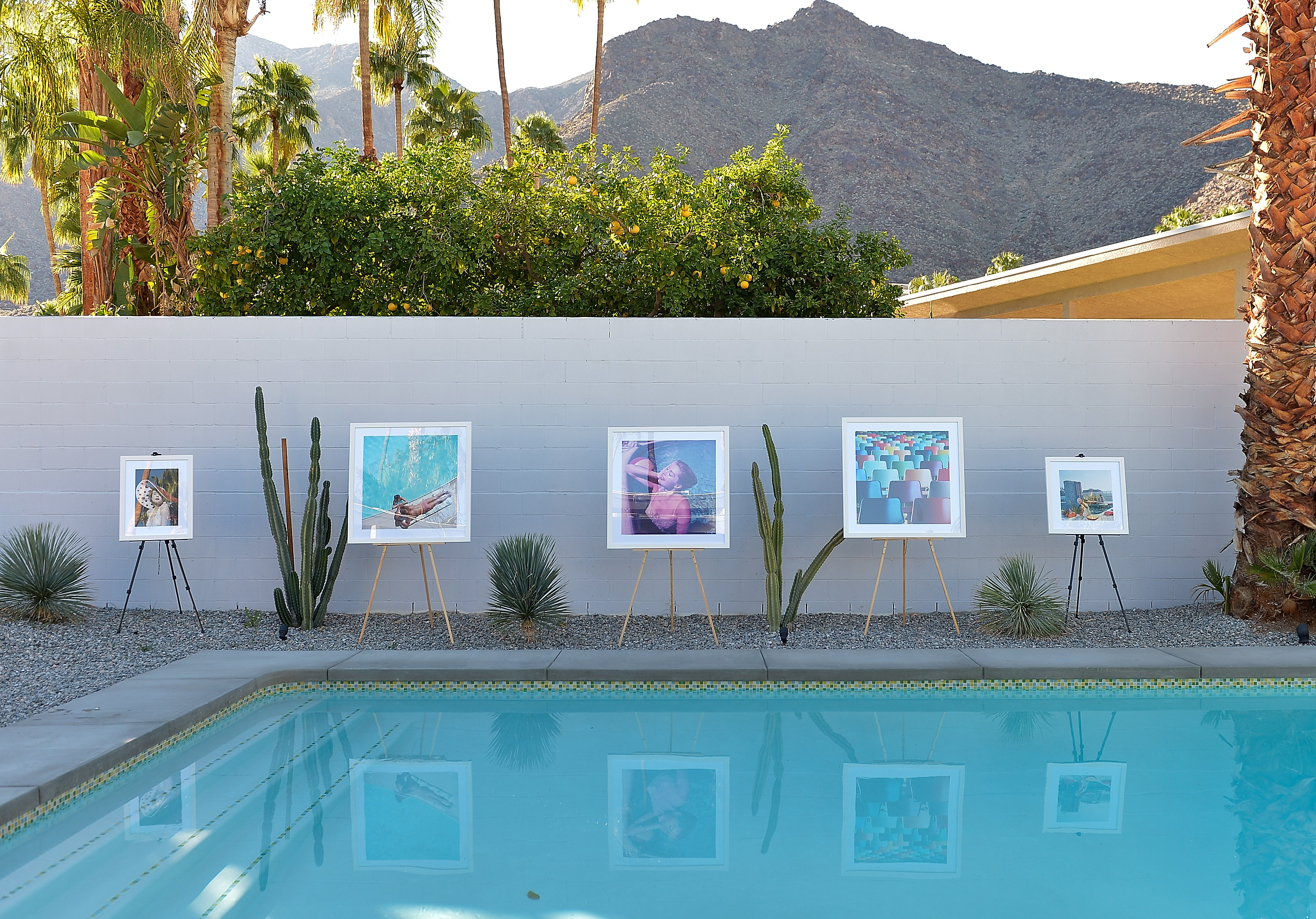 art work displayed by pool in palm springs