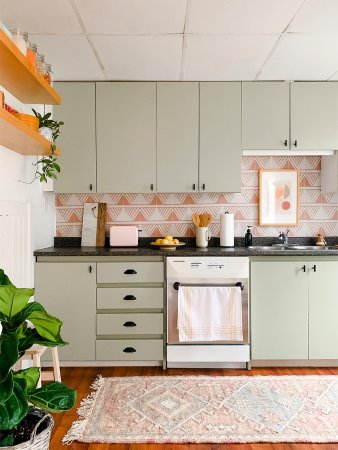 green and pink kitchen