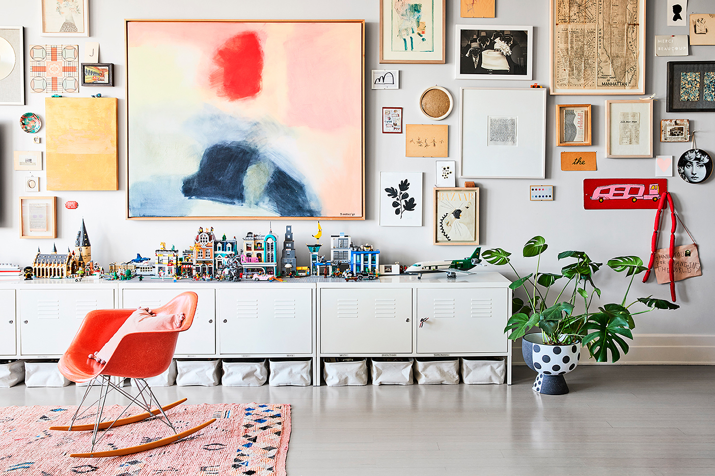 living room with colorful gallery wall