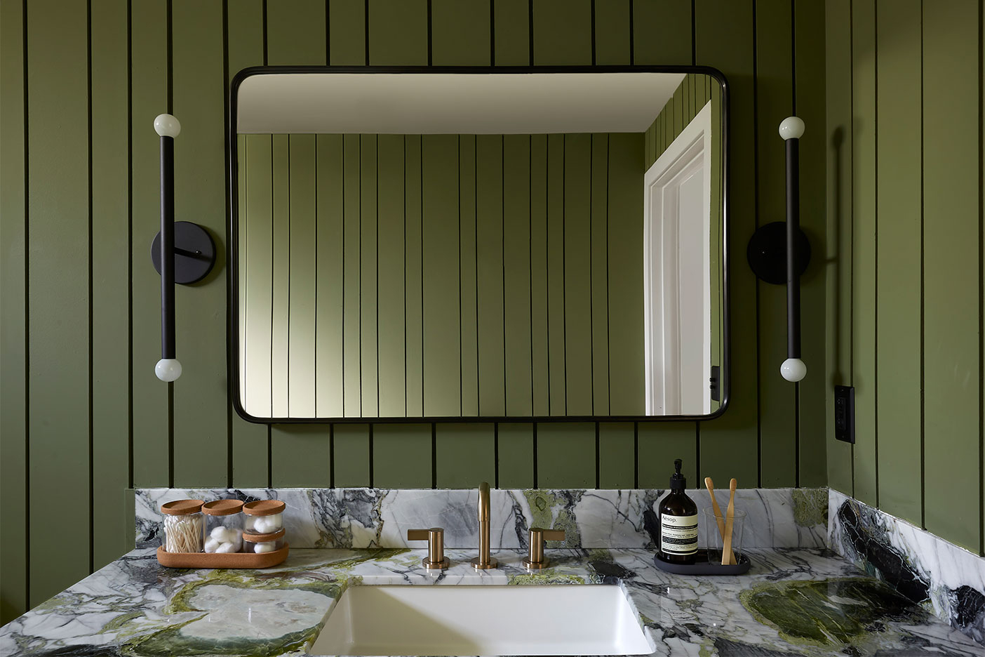 green bathroom wall paneling