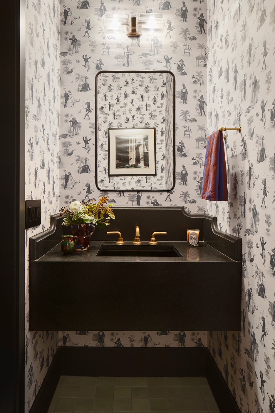 wallpapered powder room