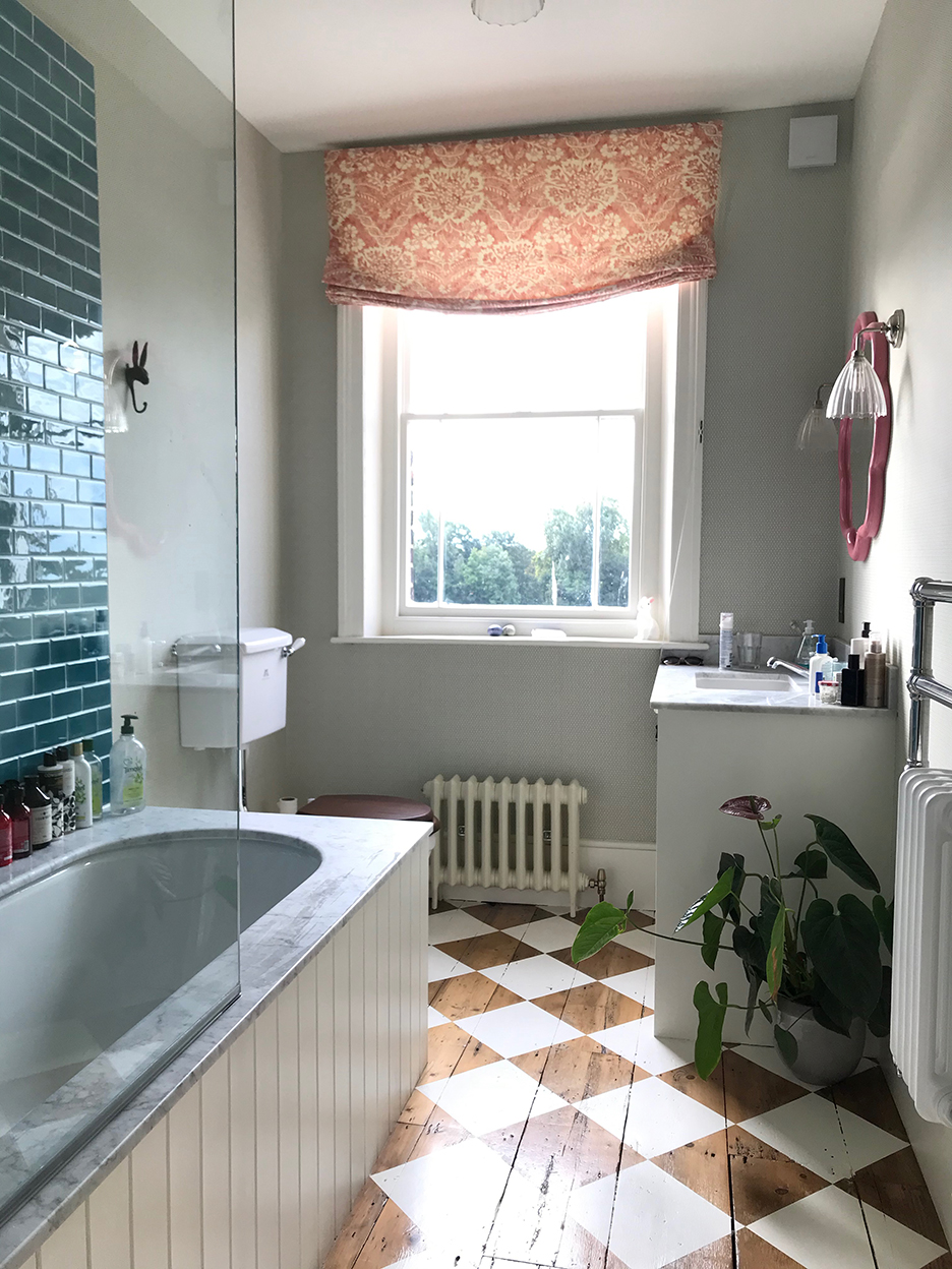 wood and white checkered bathroom floor