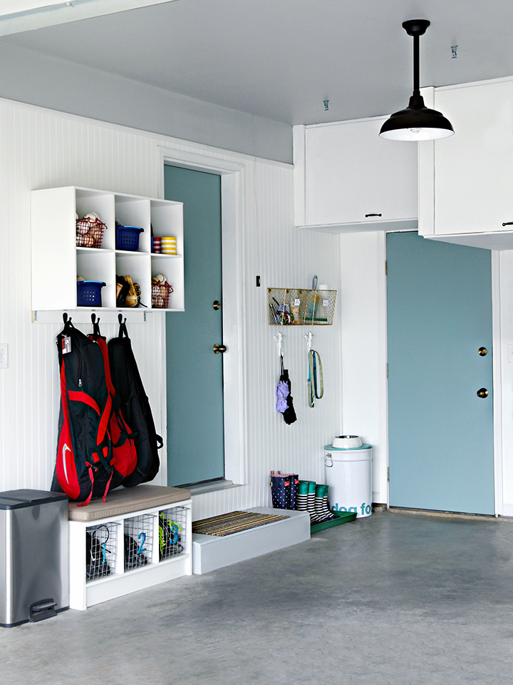 Organized garage with hooks and shelves