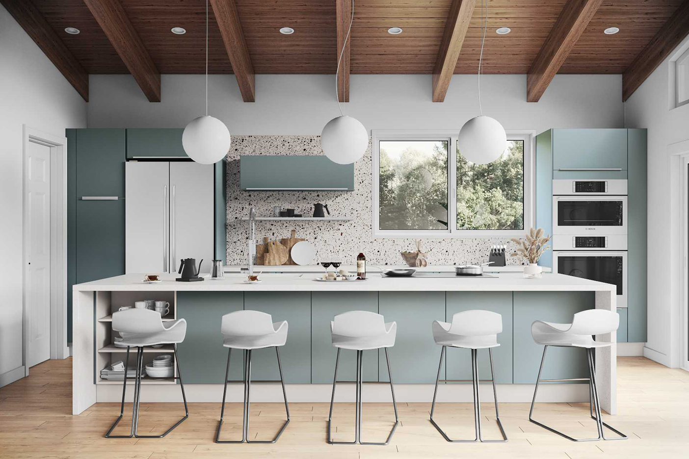 rendering of large blue kitchen