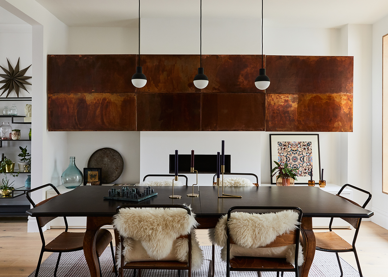 copper cabinets over fireplace