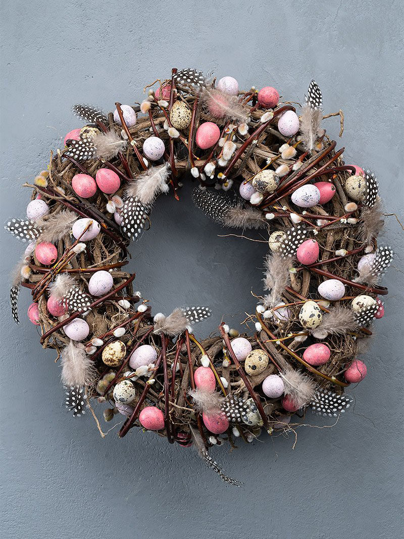 pink qual eggs on wreath