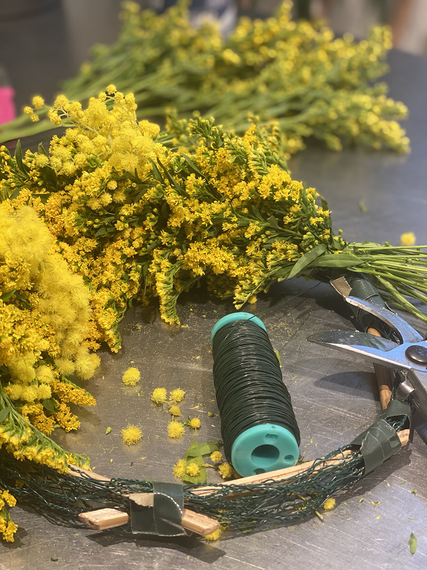 yellow wreath in the making