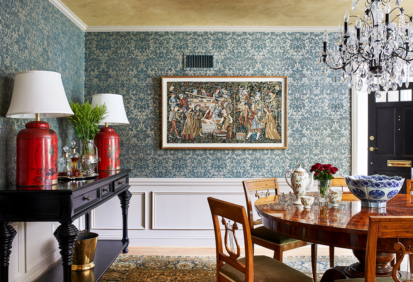 traditional wallpapered dining room
