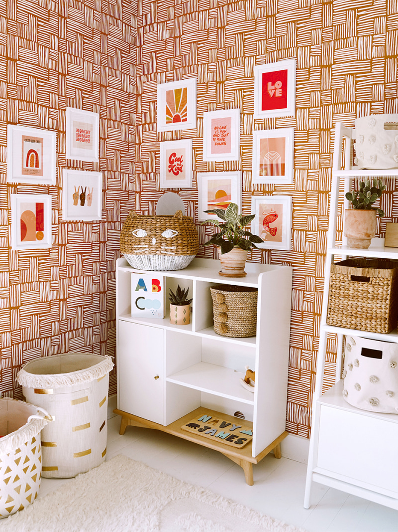 Terracotta rooms - cabinet and printed wallpaper with gallery wall