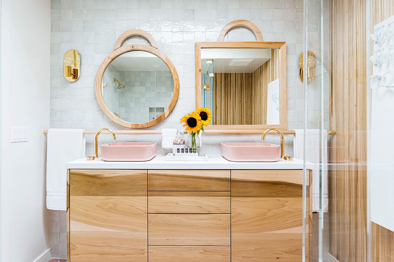 organicw wood vanity wiht pink sinks