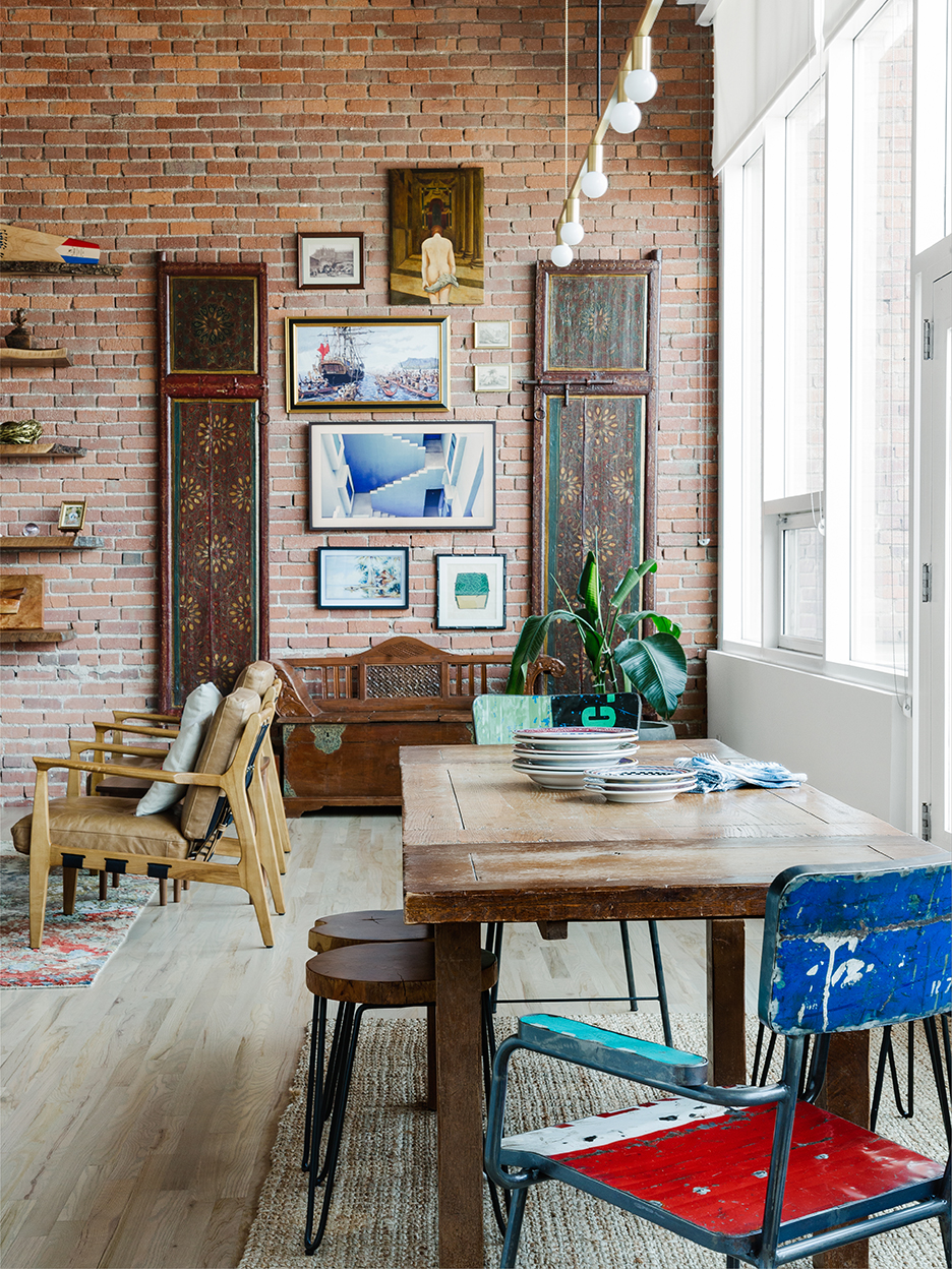 rustic dining area open to living room