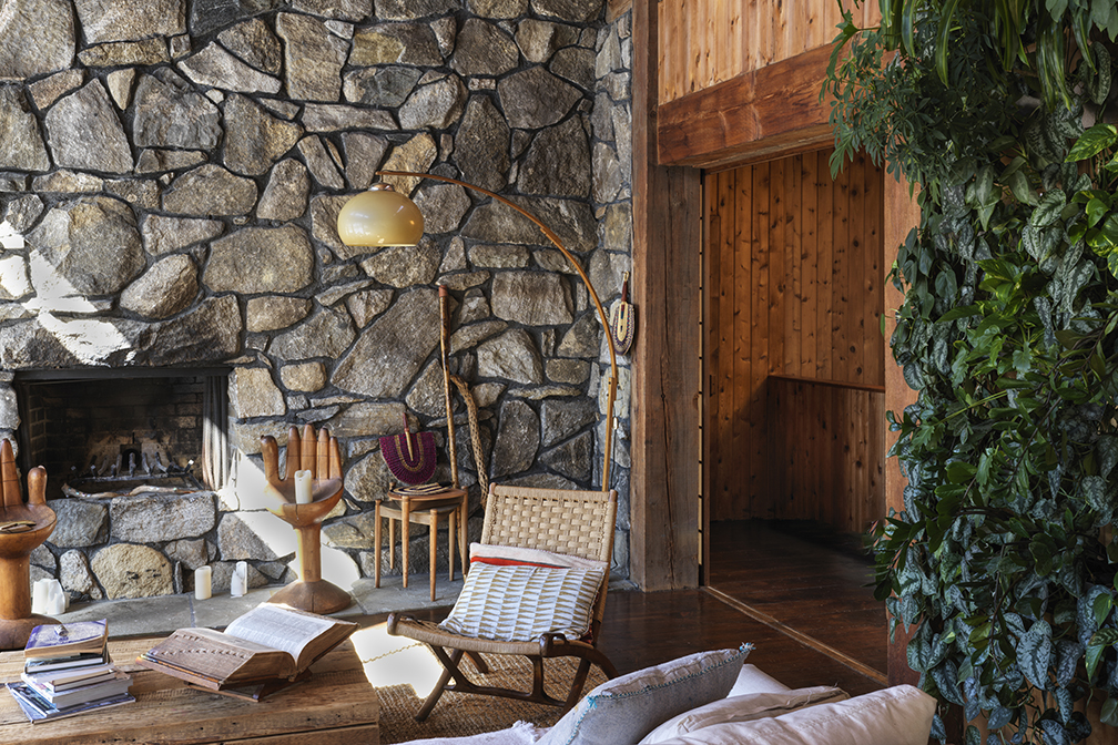 a living room with a plant wall