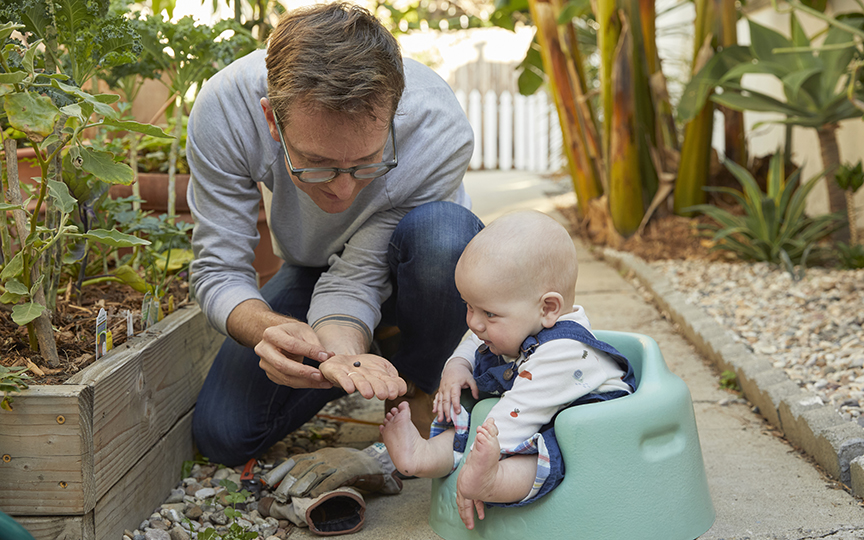 Dad showing baby seeds in backyard garden