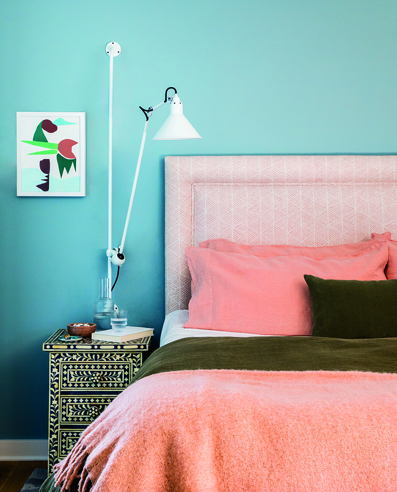 bedroom with pink headboard