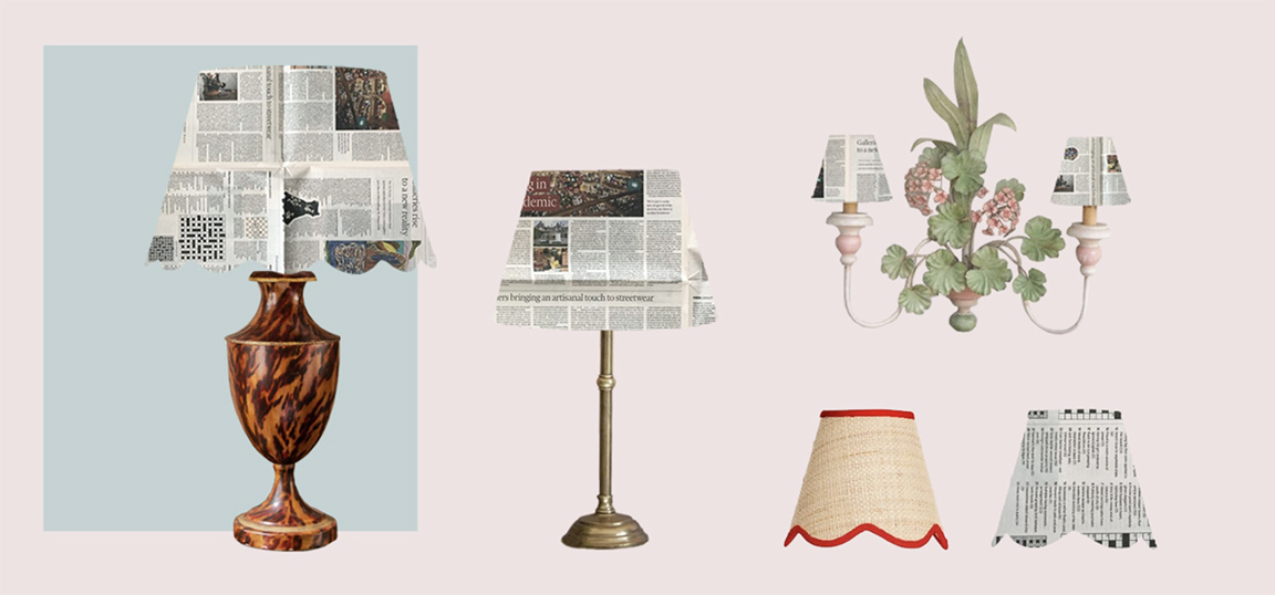 Collage of newspaper lampshades