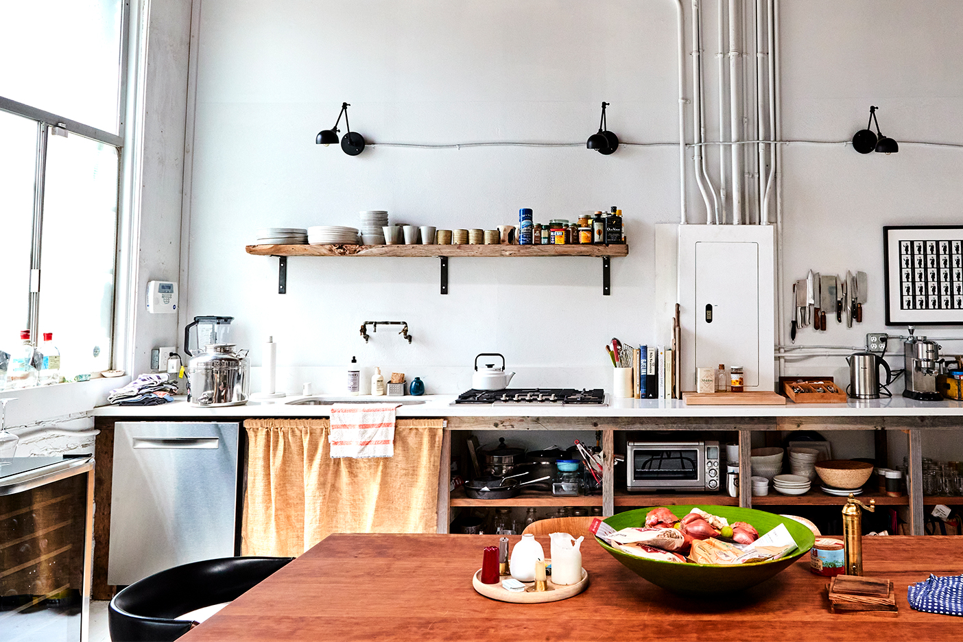 rustic kitchen with open shelving