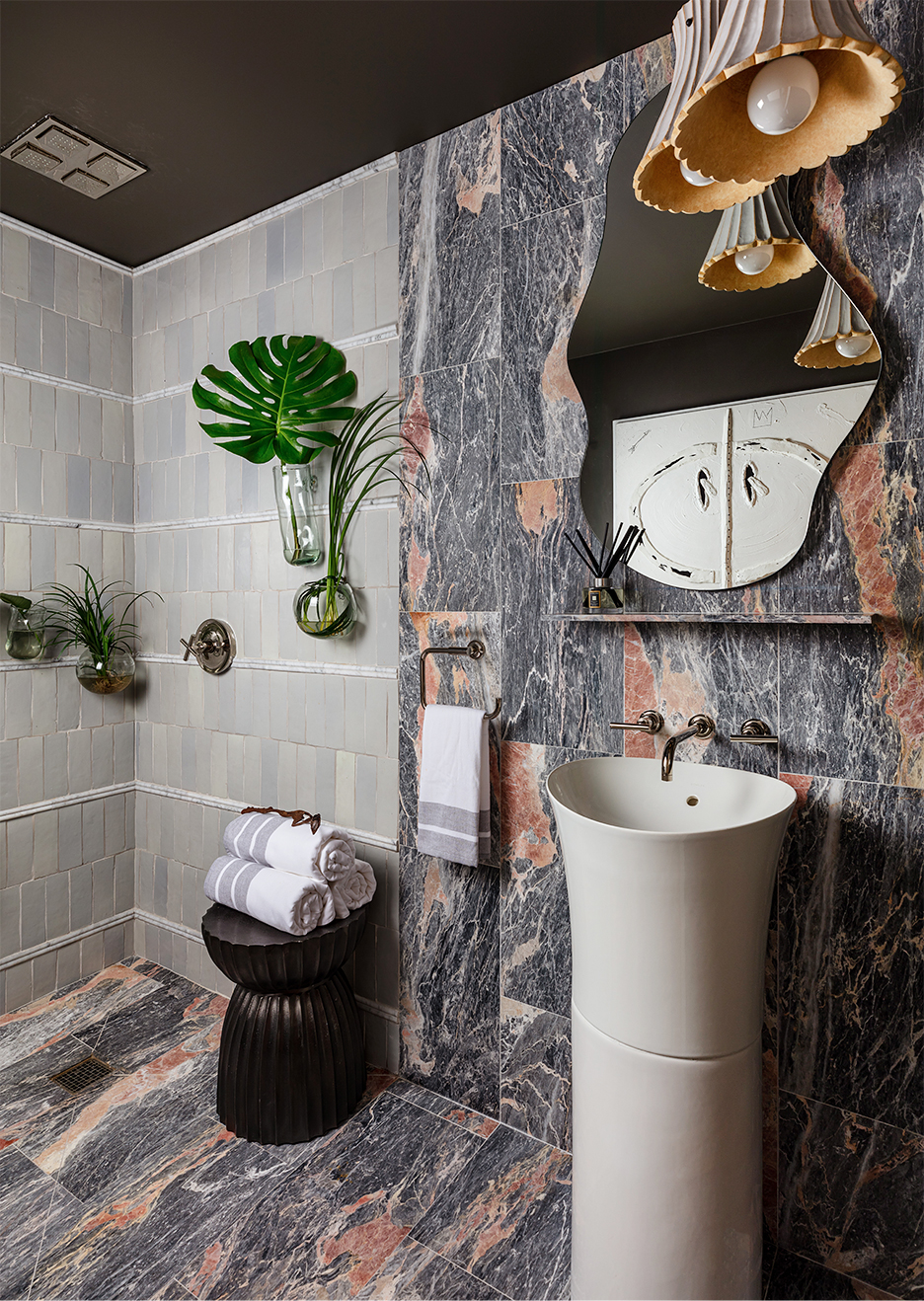 gray and red bathroom