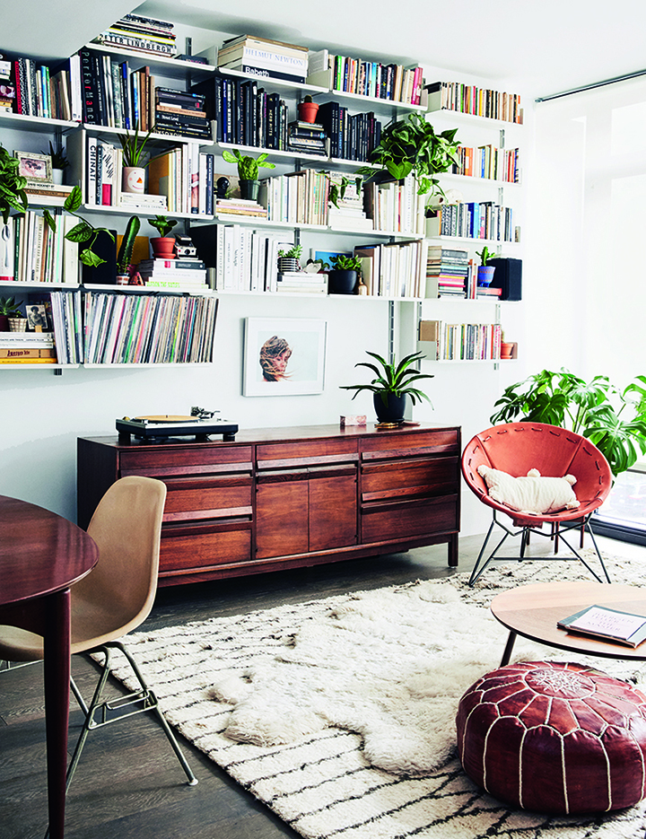 living room with book shelf