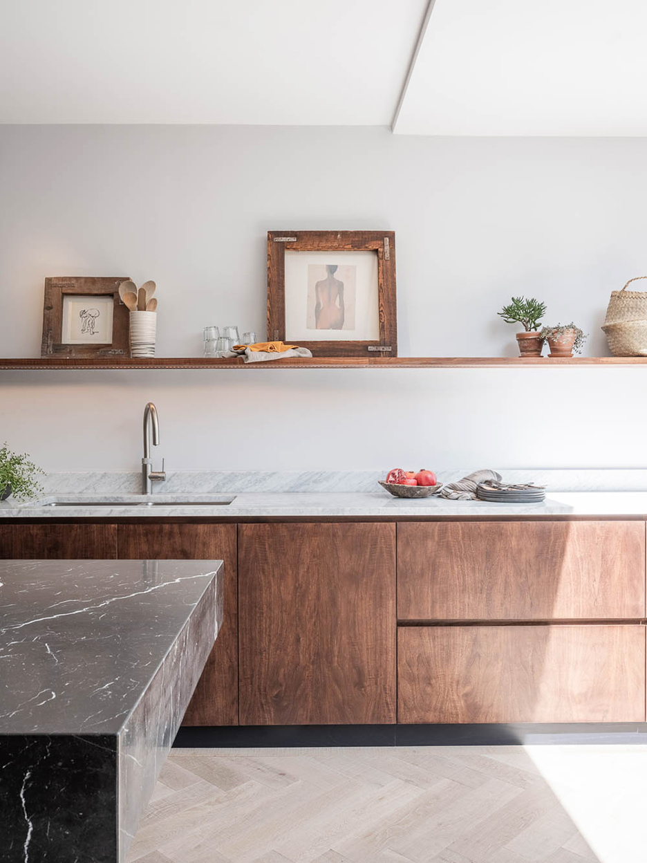 dark wood lower cabinets