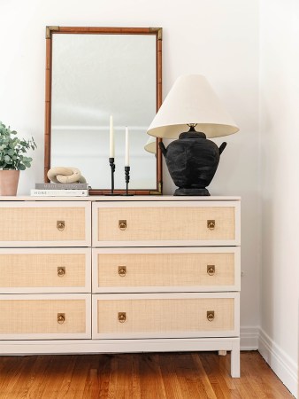 tan fabric dresser