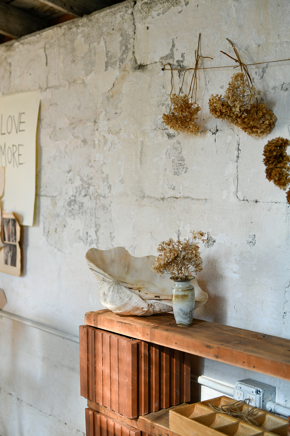 art objects on wood shelf