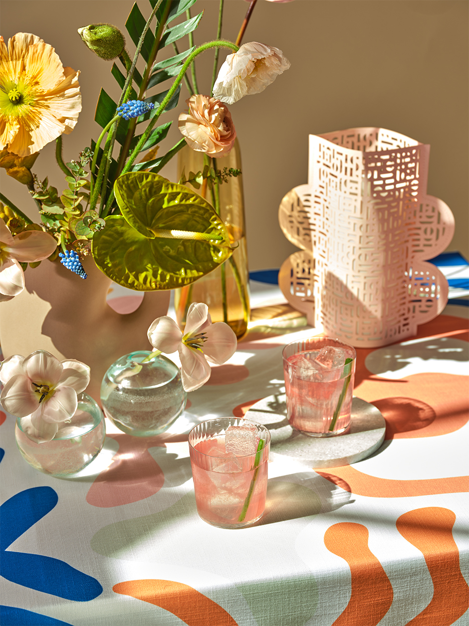 cocktails on a graphic patterned tablecloth