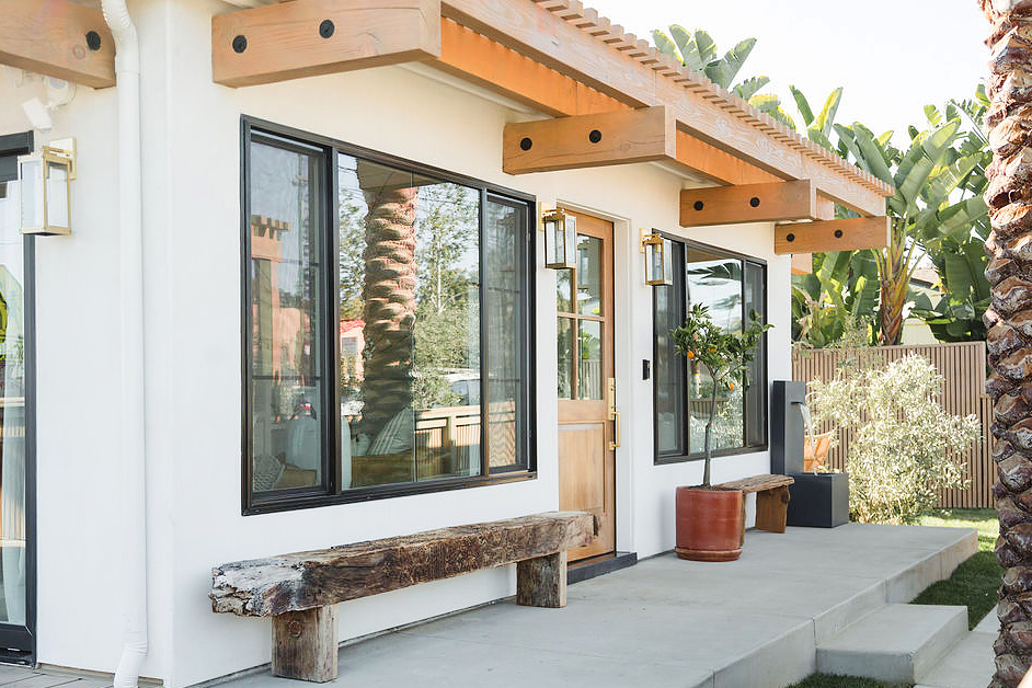 wood benches framing front door