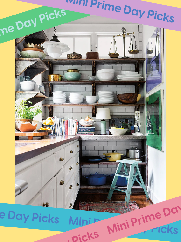 White Kitchen With Wood OPen Shelves and Blue Step Stool