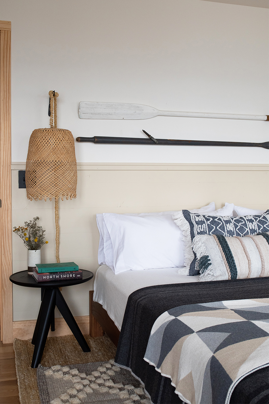 bedroom with blue and white bedding