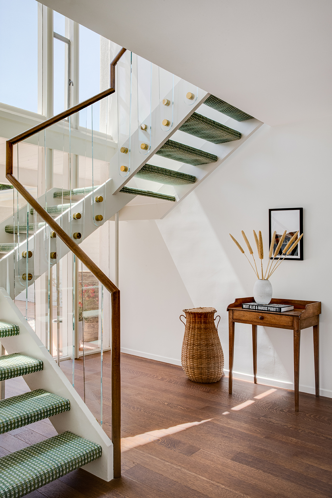 green carpeted stairs