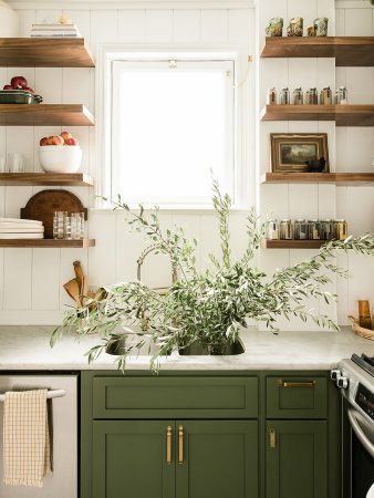 open shelves next to sink