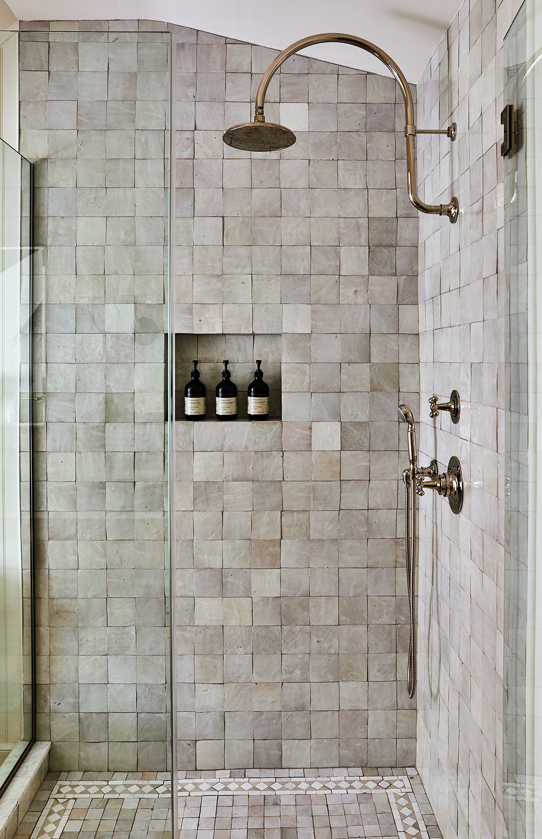 gray zellige tile shower