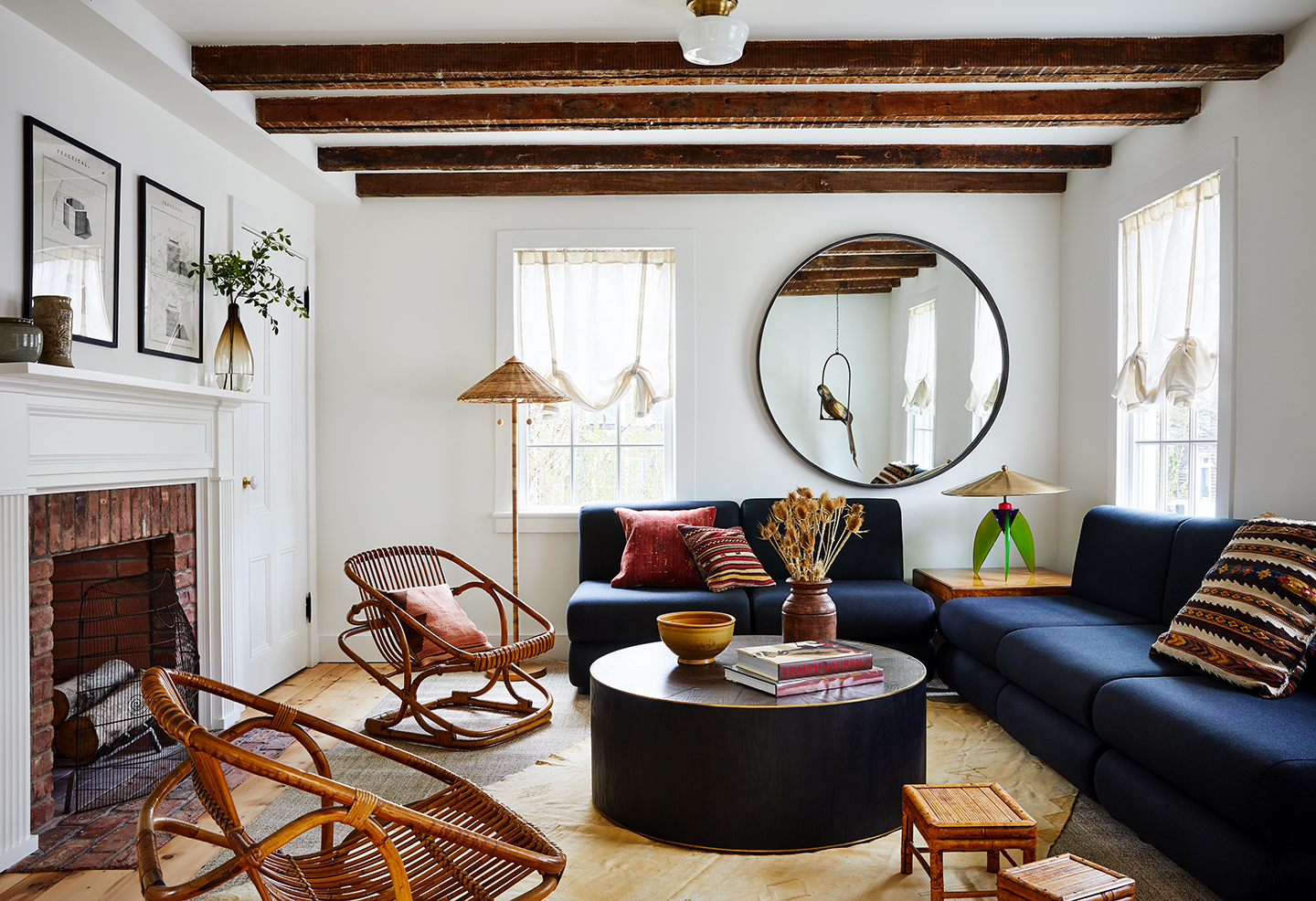 living room with navy sectional