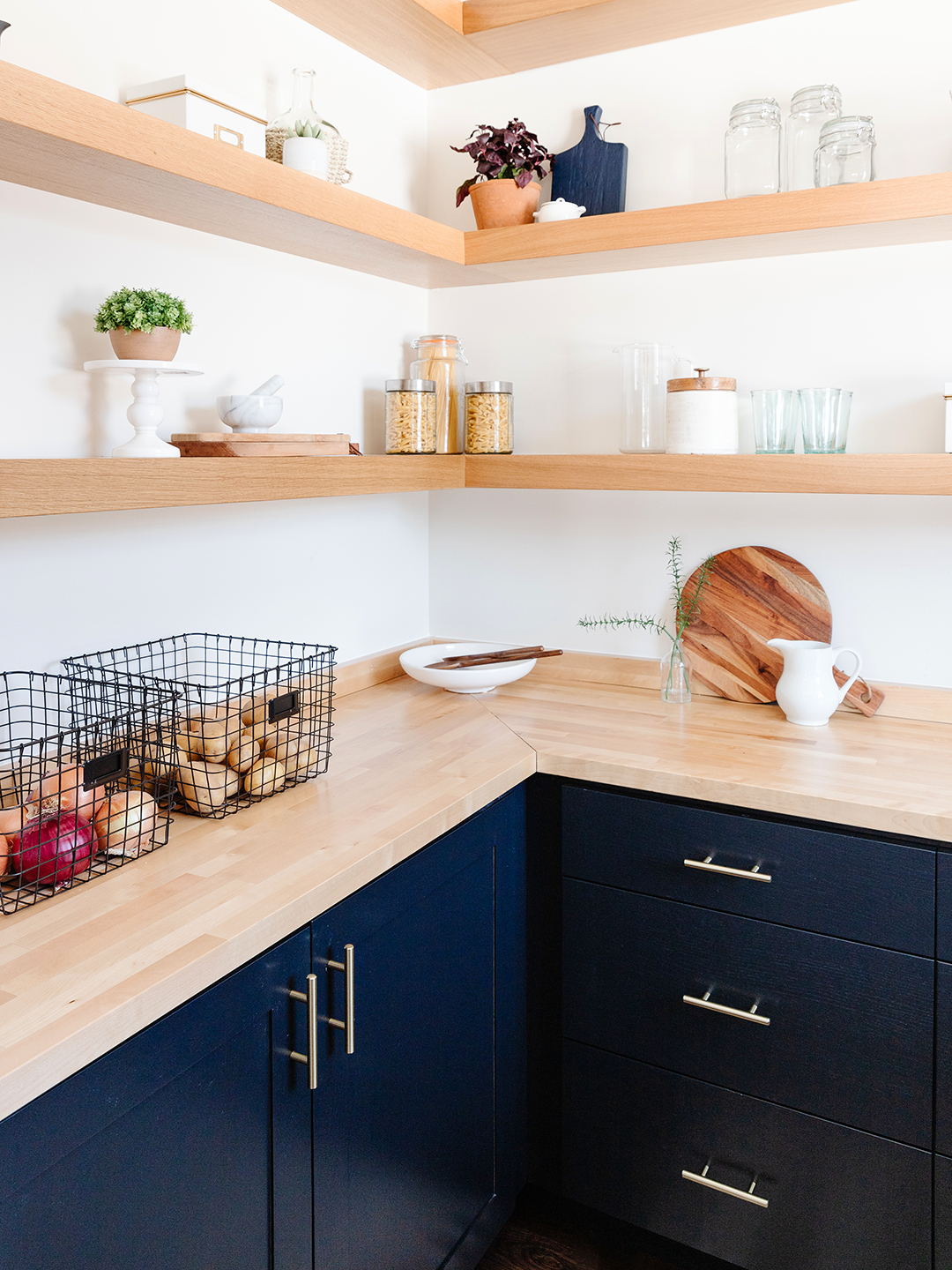 wood countertop with baskets