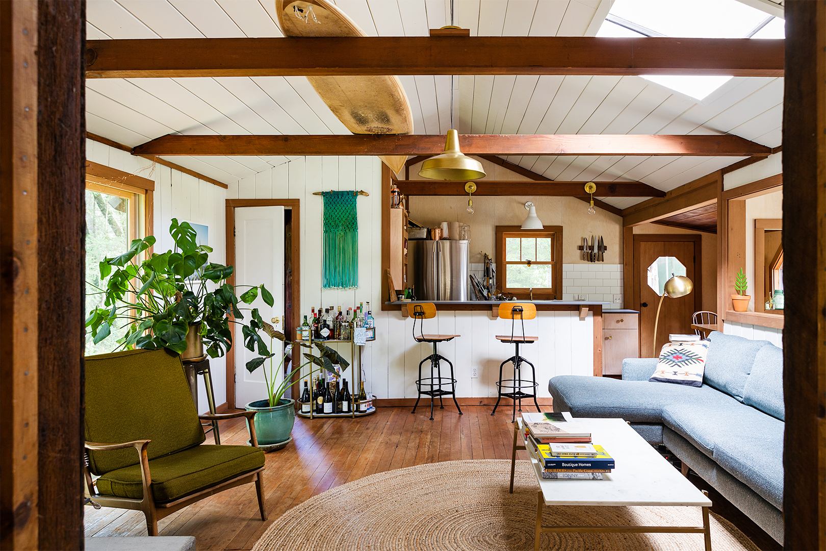 cabin living room open to kitchen