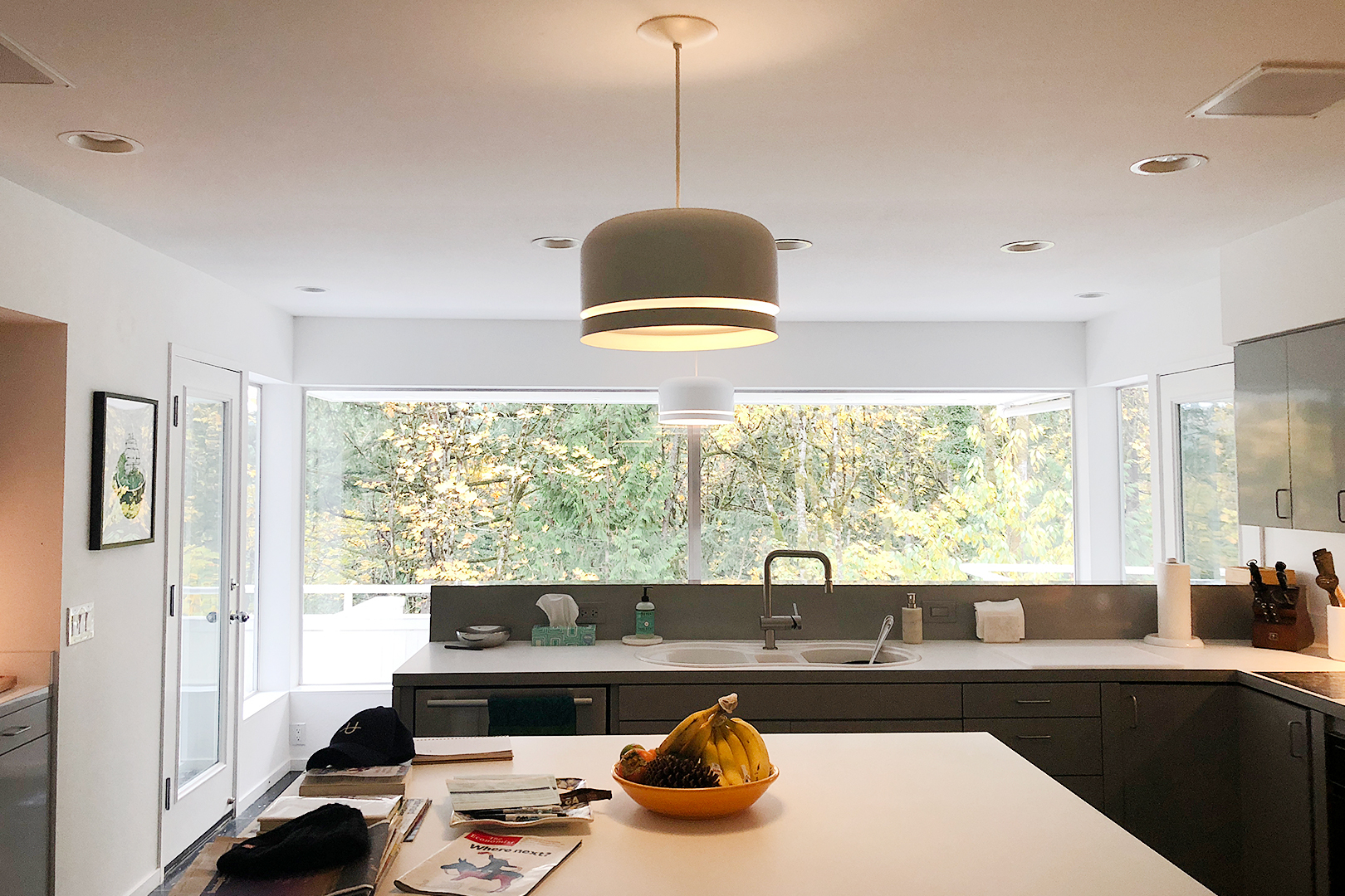 gray kitchen facing windows