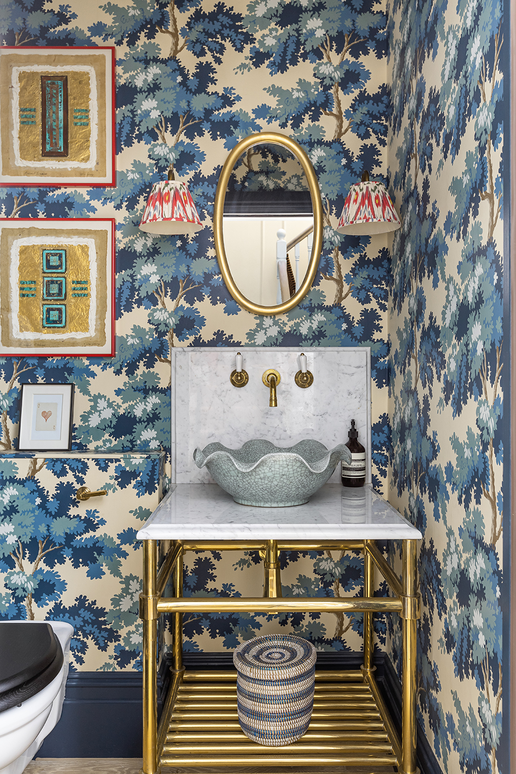 blue floral powder room