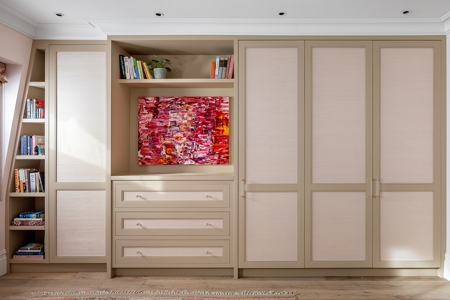 pink built-in wardrobe with dresser